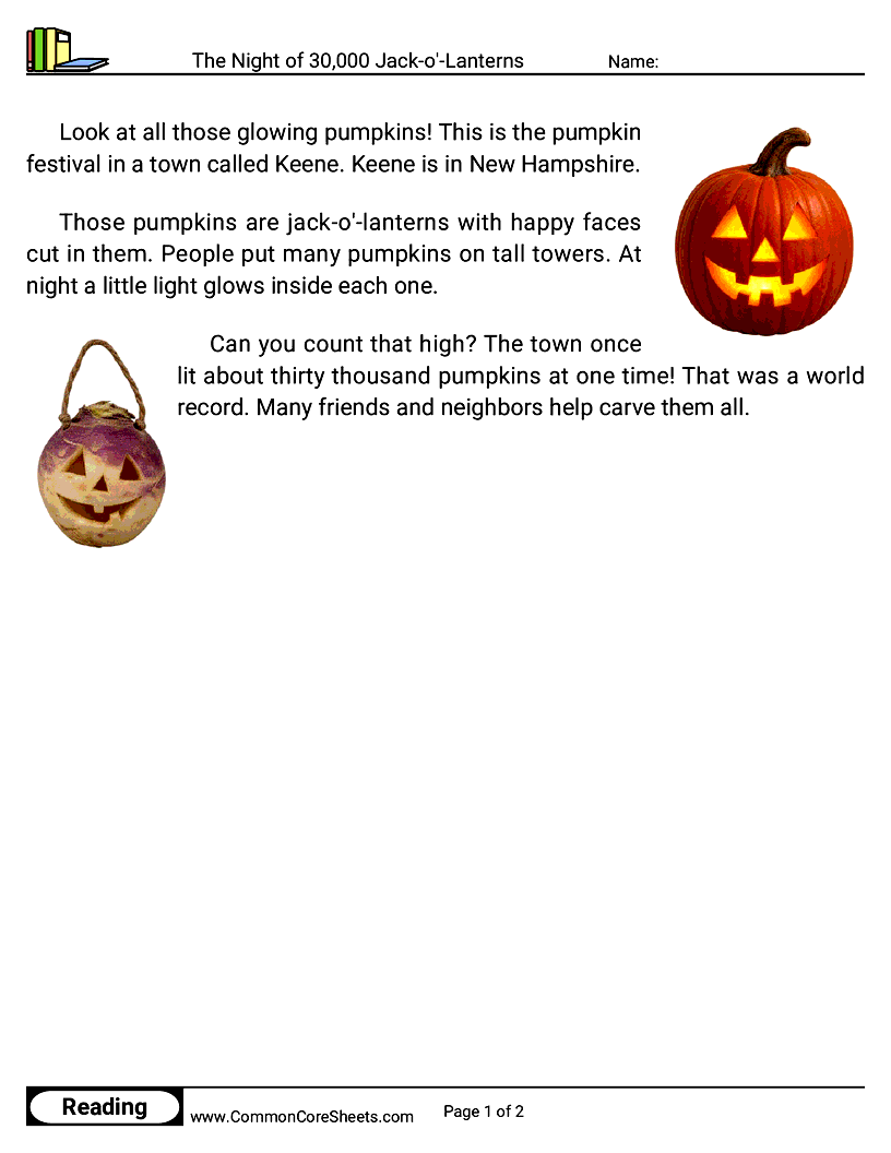 Kindergarten 31 Days of Halloween Reading - The Night of 30,000 Jack-o'-Lanterns worksheet