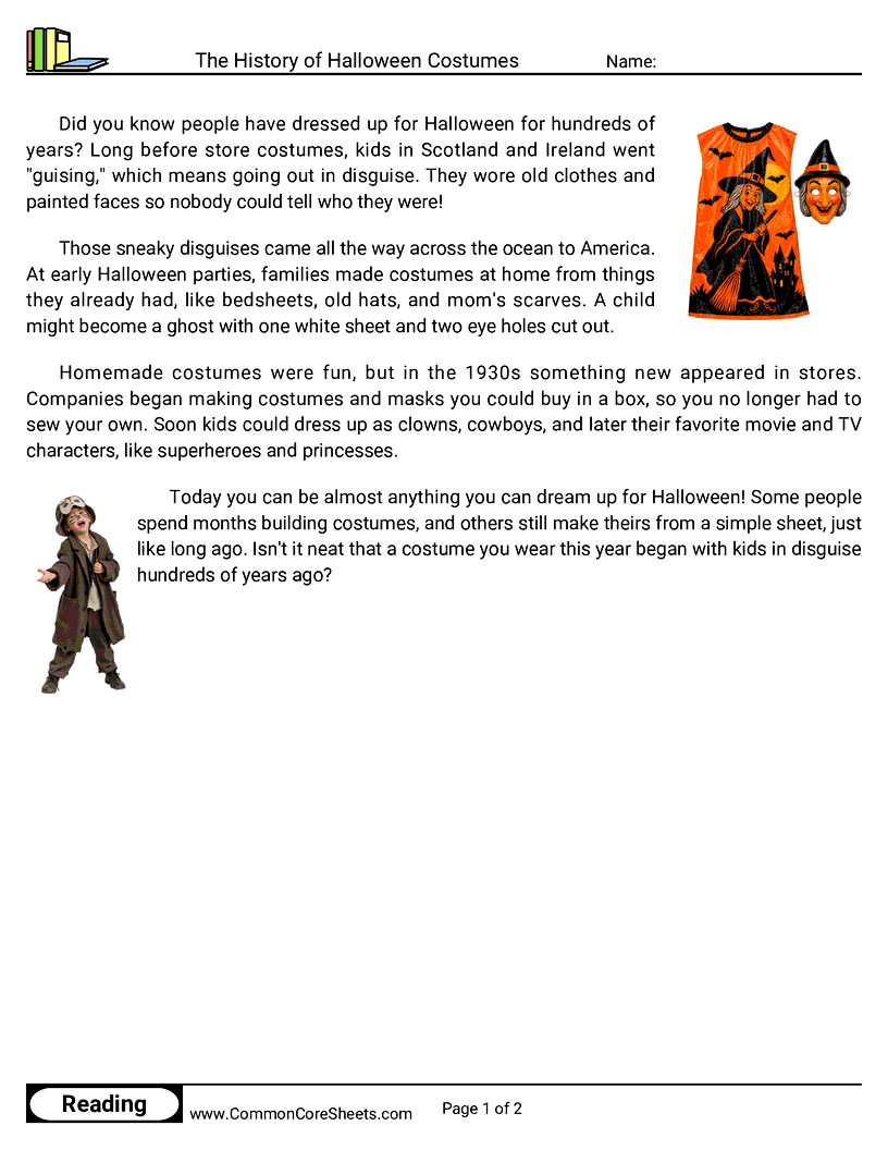 2nd Grade 31 Days of Halloween Reading - The History of Halloween Costumes worksheet