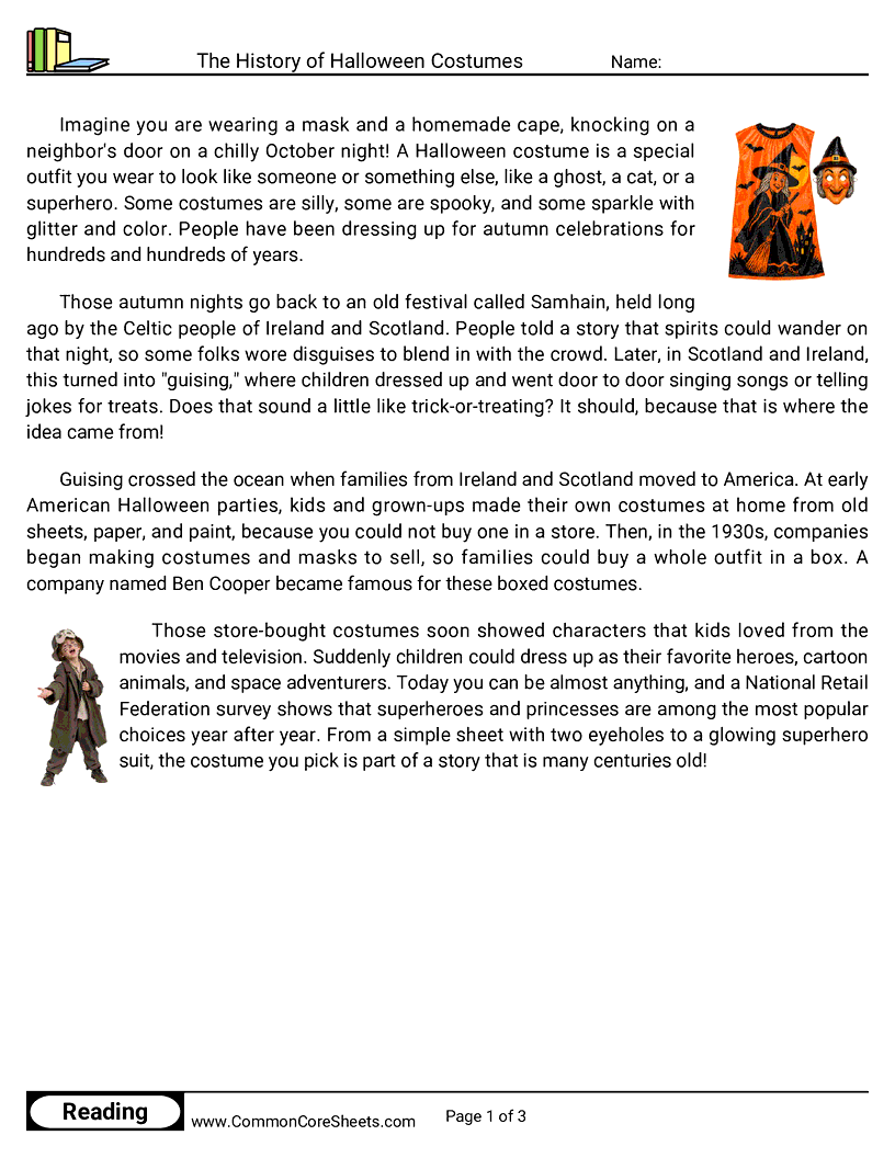 3rd Grade 31 Days of Halloween Reading - The History of Halloween Costumes worksheet