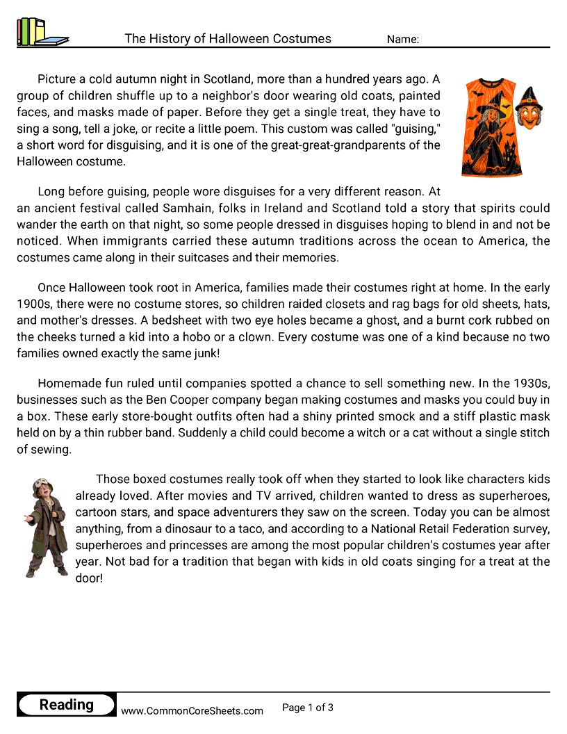 4th Grade 31 Days of Halloween Reading - The History of Halloween Costumes worksheet