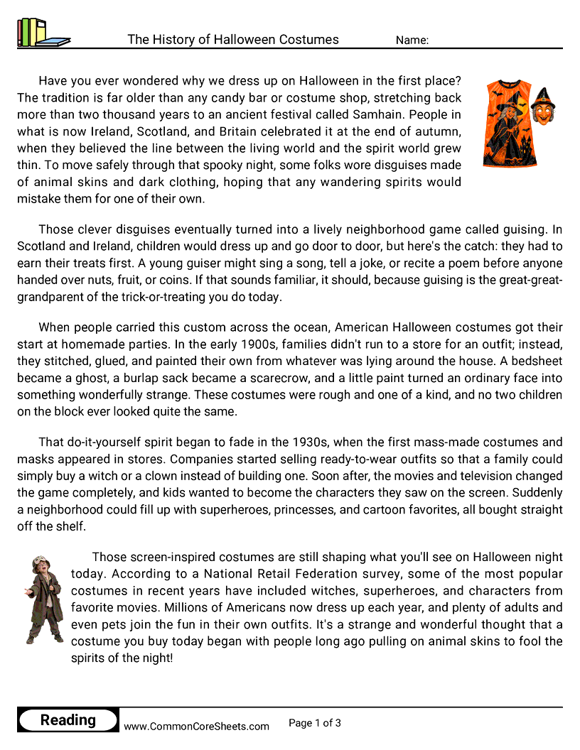 5th Grade 31 Days of Halloween Reading - The History of Halloween Costumes worksheet