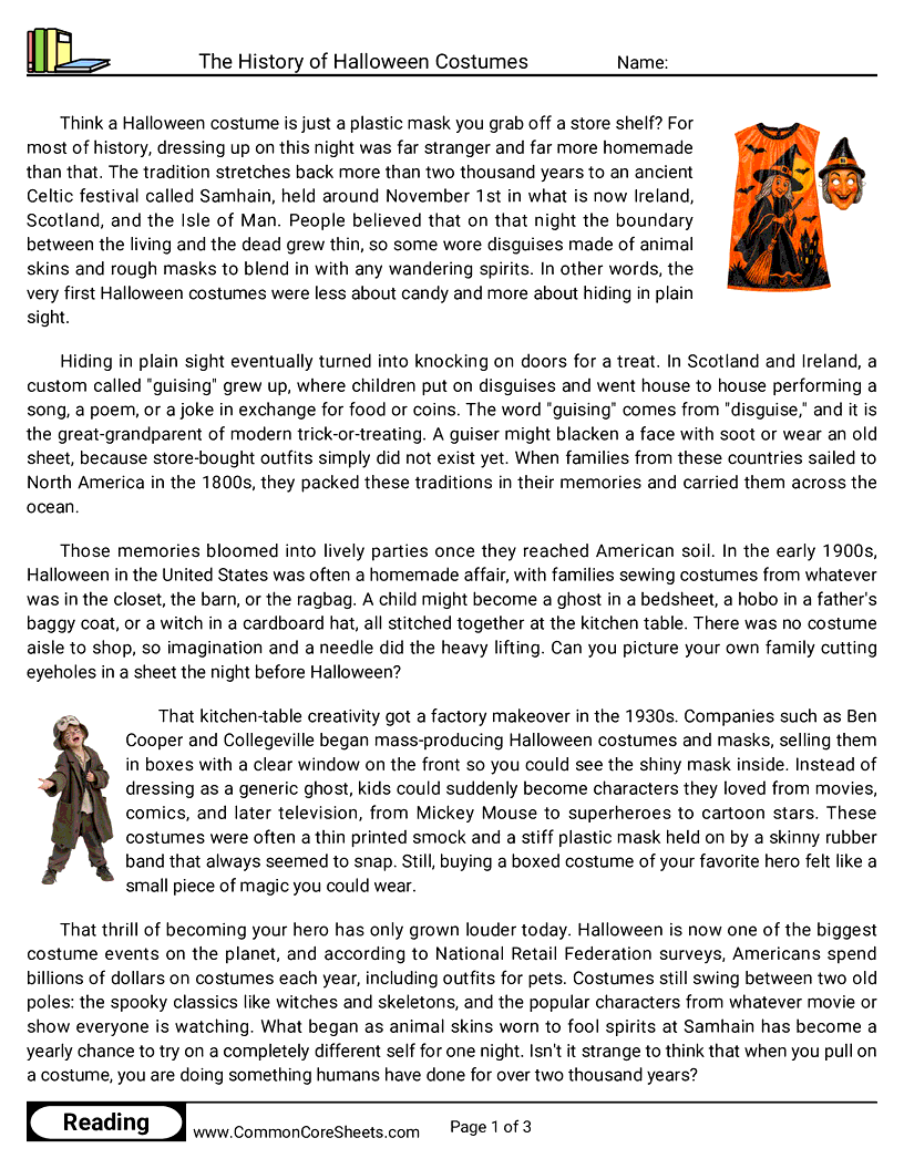 6th Grade 31 Days of Halloween Reading - The History of Halloween Costumes worksheet