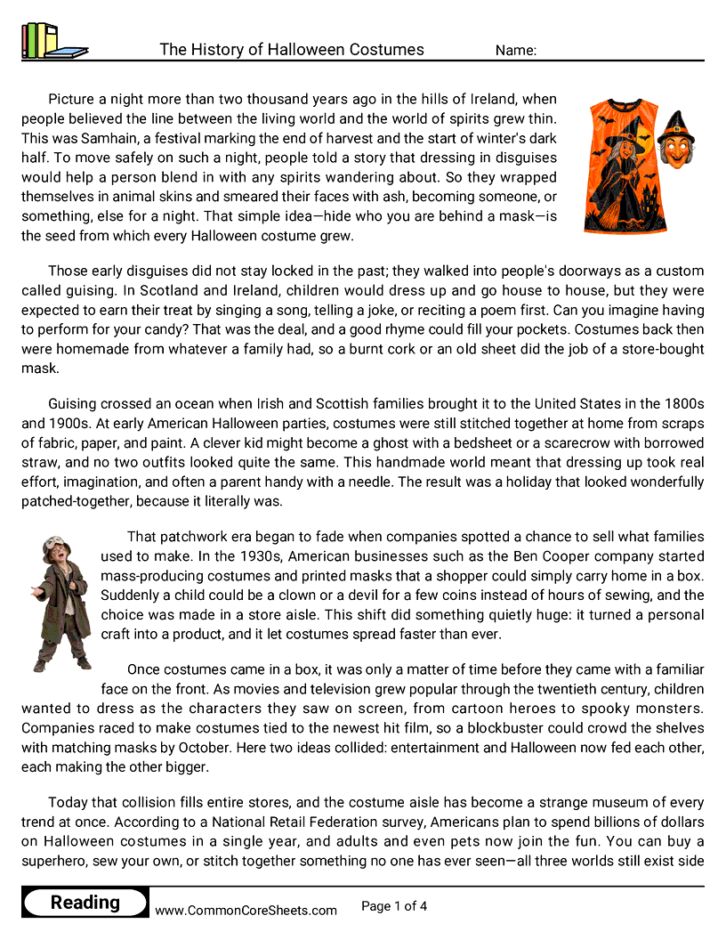 7th Grade 31 Days of Halloween Reading - The History of Halloween Costumes worksheet