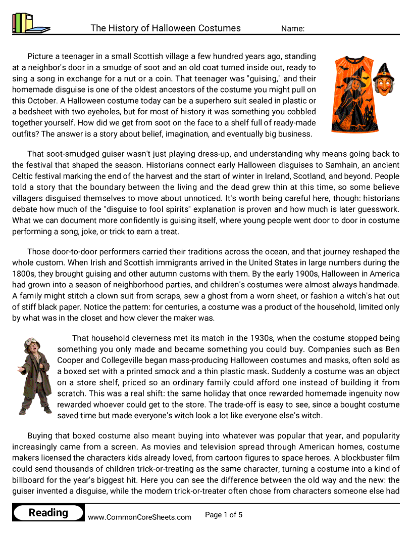 8th Grade 31 Days of Halloween Reading - The History of Halloween Costumes worksheet
