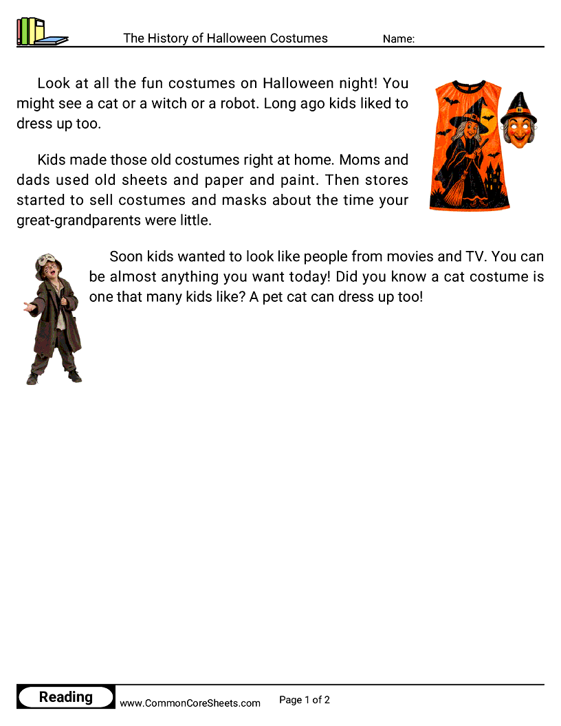 Kindergarten 31 Days of Halloween Reading - The History of Halloween Costumes worksheet