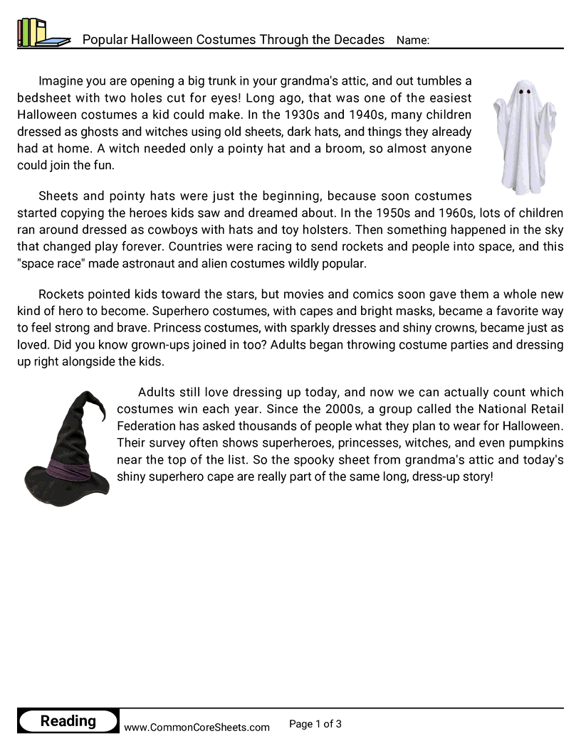 3rd Grade 31 Days of Halloween Reading - Popular Halloween Costumes Through the Decades worksheet