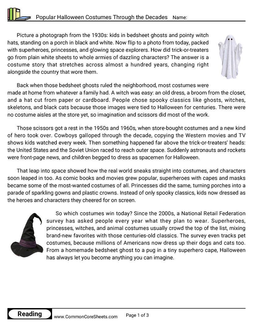 5th Grade 31 Days of Halloween Reading - Popular Halloween Costumes Through the Decades worksheet