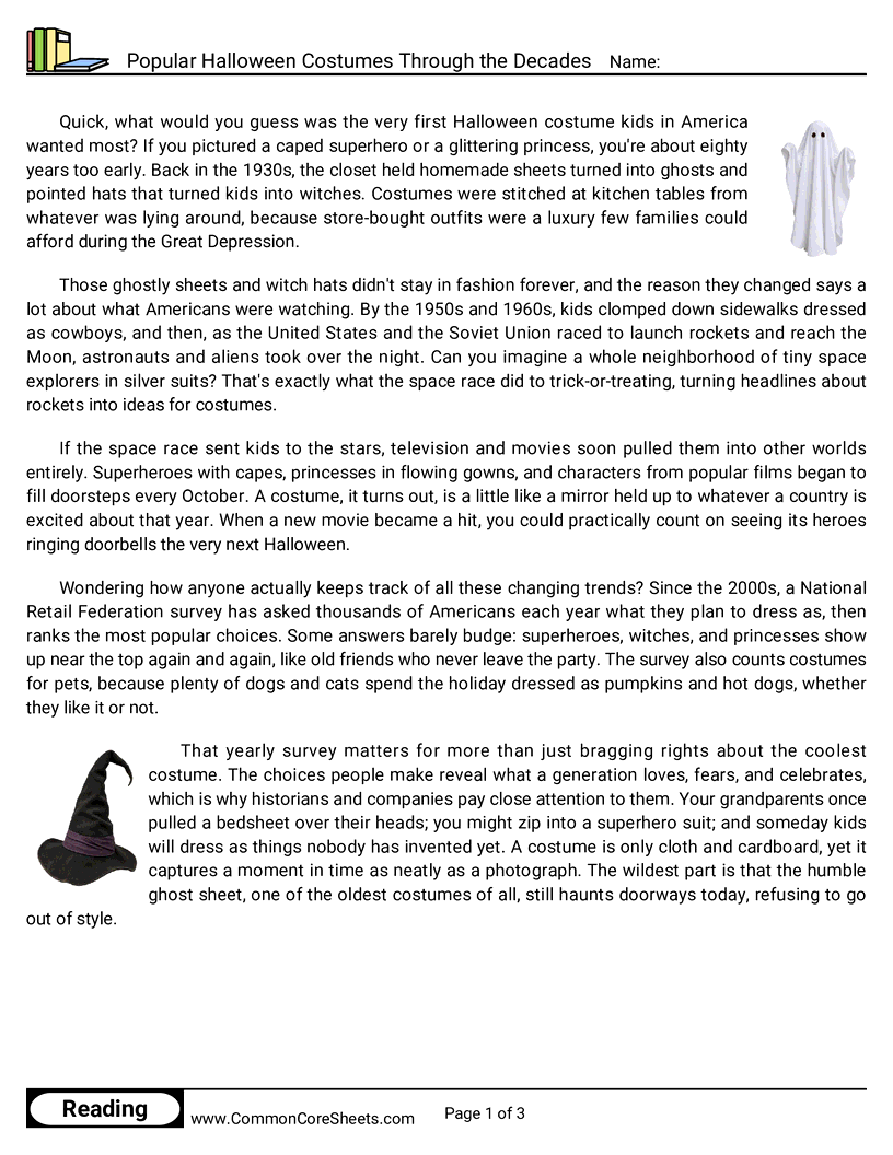6th Grade 31 Days of Halloween Reading - Popular Halloween Costumes Through the Decades worksheet