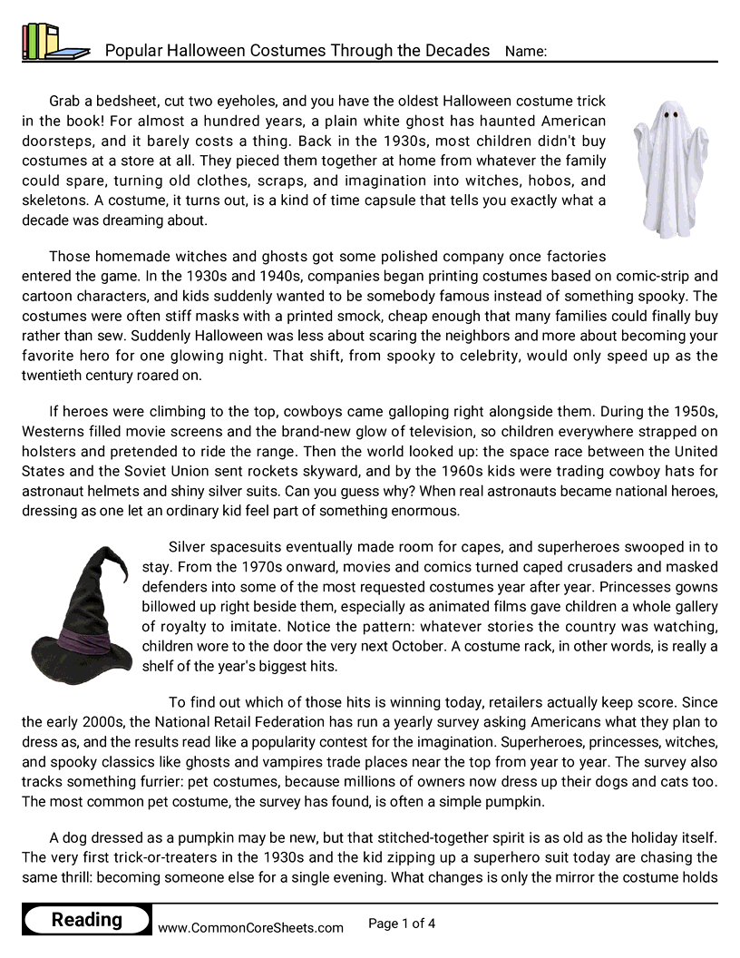 7th Grade 31 Days of Halloween Reading - Popular Halloween Costumes Through the Decades worksheet