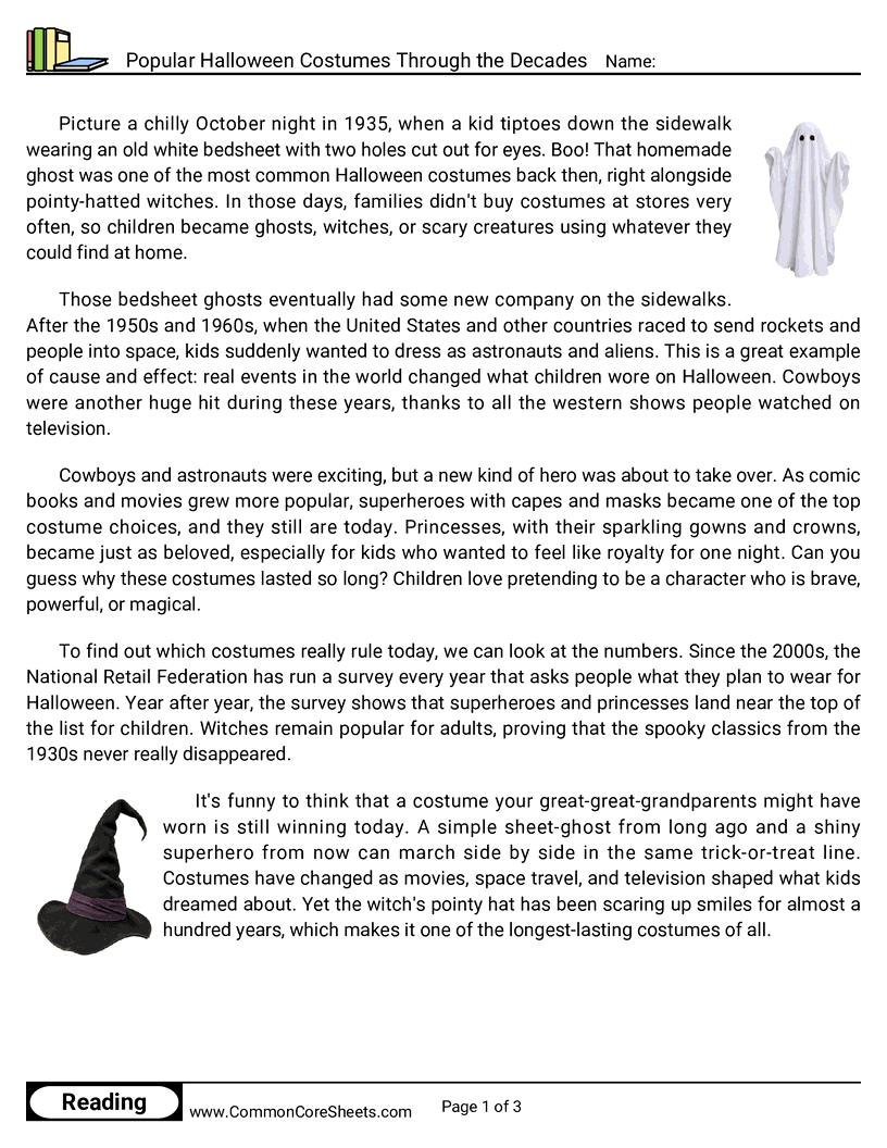31 Days of Halloween Reading - Popular Halloween Costumes Through the Decades worksheet