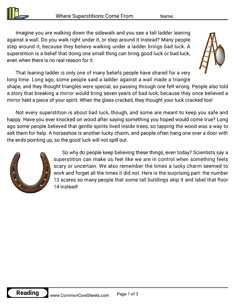3rd Grade 31 Days of Halloween Reading - Where Superstitions Come From worksheet