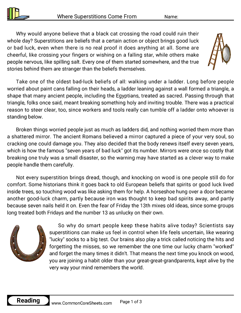 5th Grade 31 Days of Halloween Reading - Where Superstitions Come From worksheet