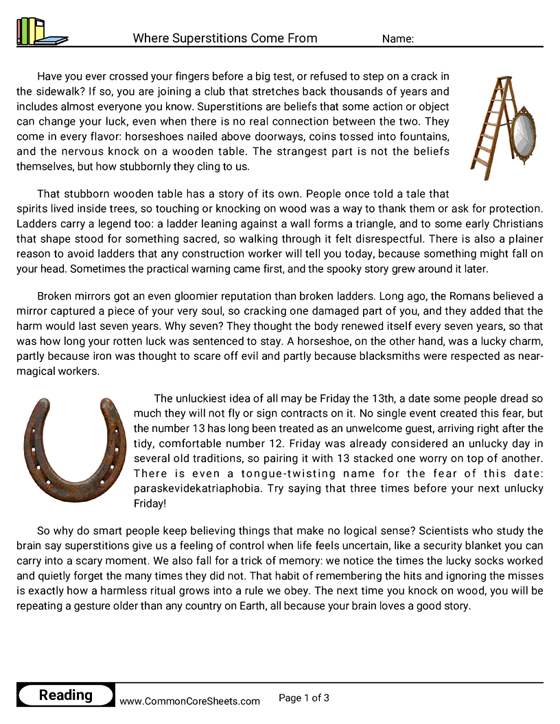 6th Grade 31 Days of Halloween Reading - Where Superstitions Come From worksheet