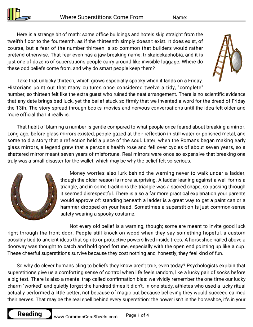 7th Grade 31 Days of Halloween Reading - Where Superstitions Come From worksheet