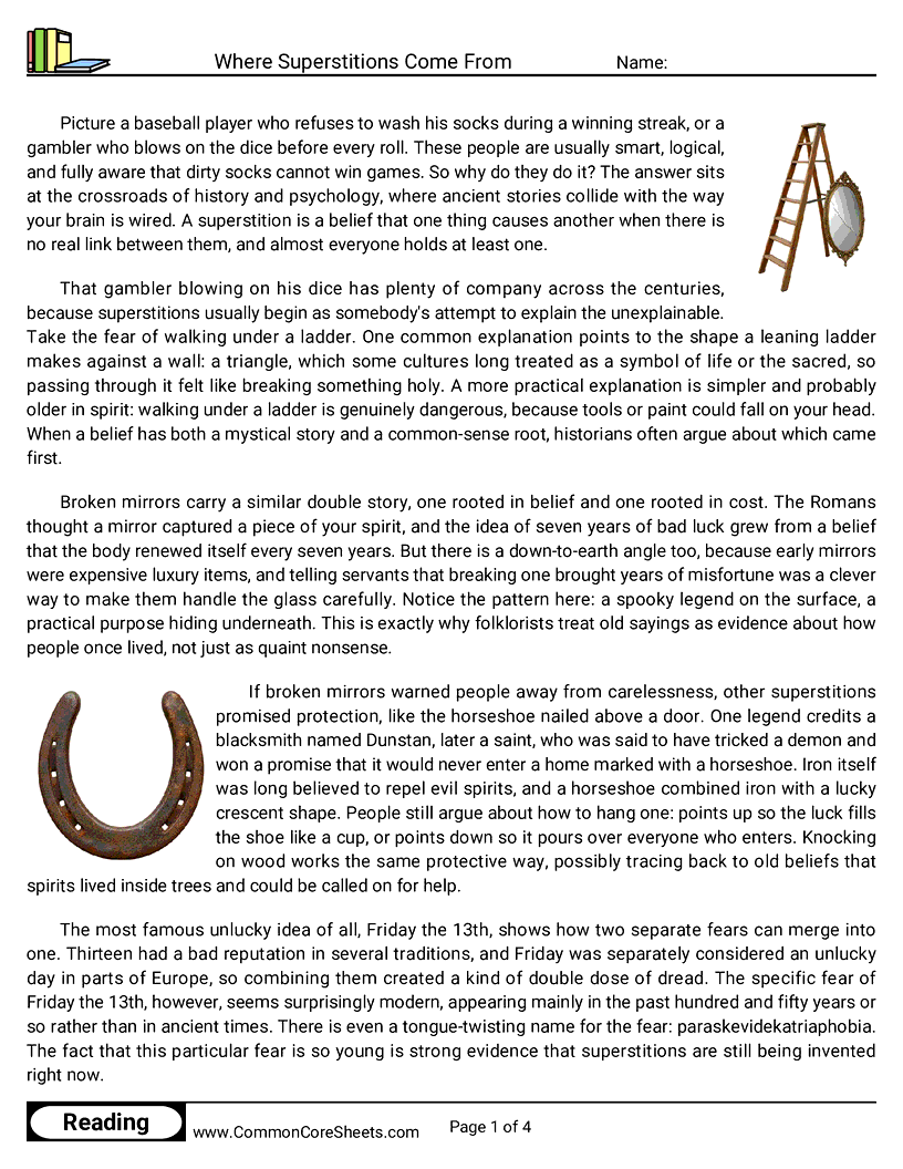 8th Grade 31 Days of Halloween Reading - Where Superstitions Come From worksheet