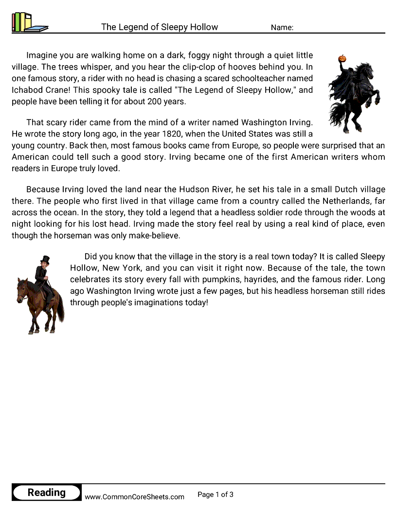 3rd Grade 31 Days of Halloween Reading - The Legend of Sleepy Hollow worksheet