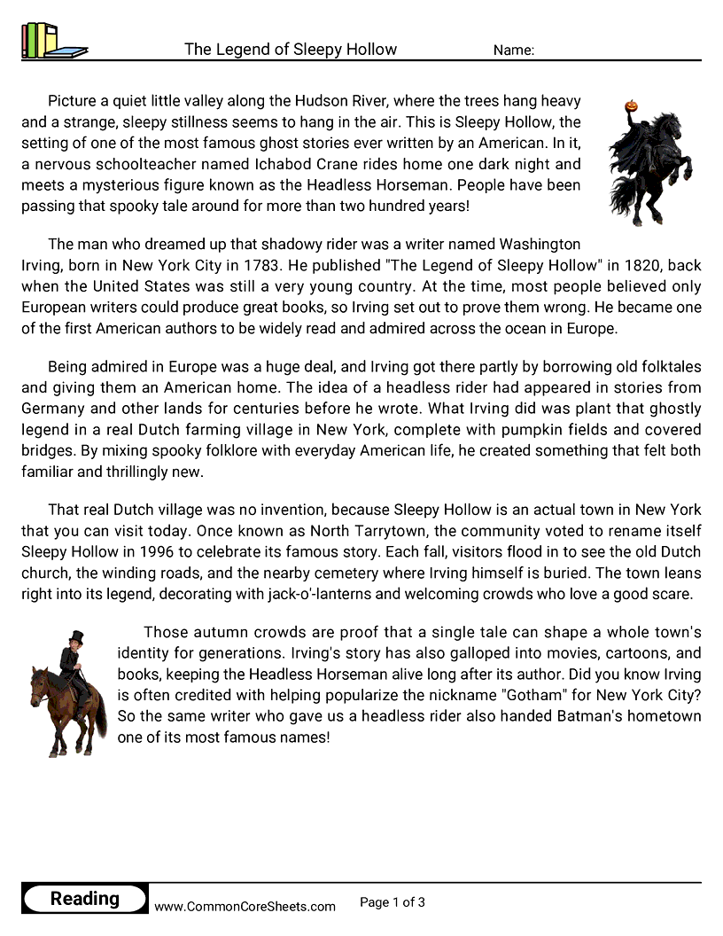 5th Grade 31 Days of Halloween Reading - The Legend of Sleepy Hollow worksheet