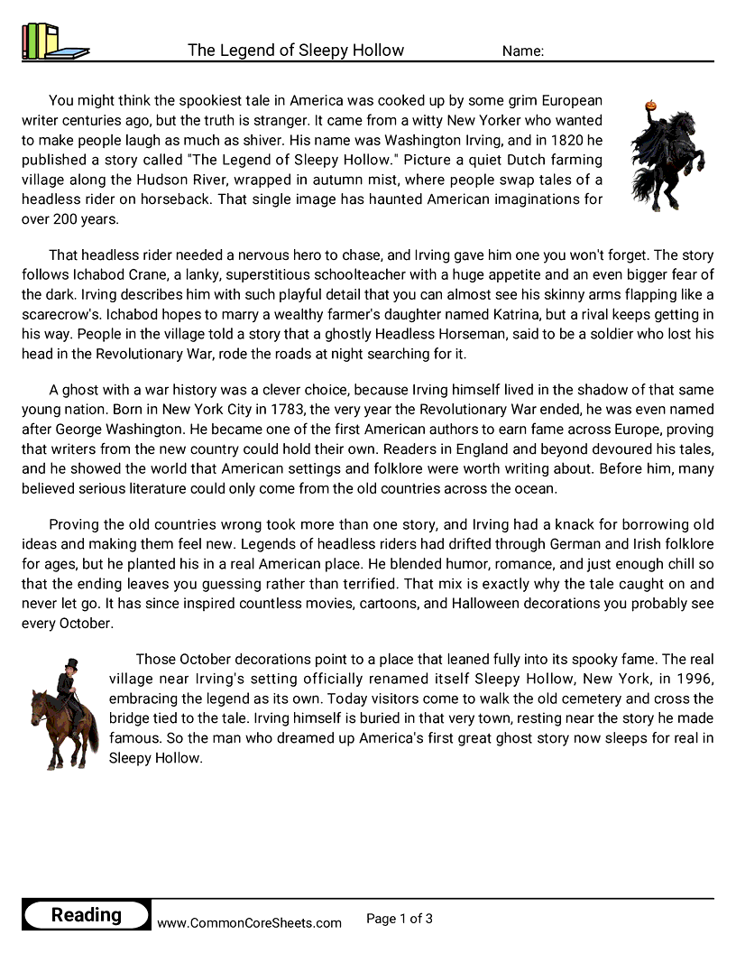 6th Grade 31 Days of Halloween Reading - The Legend of Sleepy Hollow worksheet