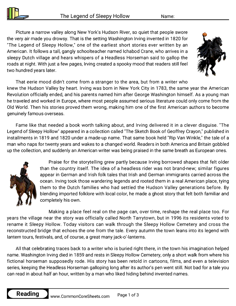 7th Grade 31 Days of Halloween Reading - The Legend of Sleepy Hollow worksheet