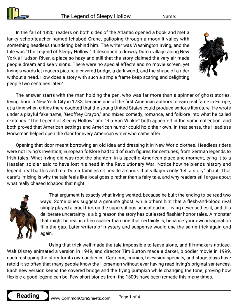 8th Grade 31 Days of Halloween Reading - The Legend of Sleepy Hollow worksheet