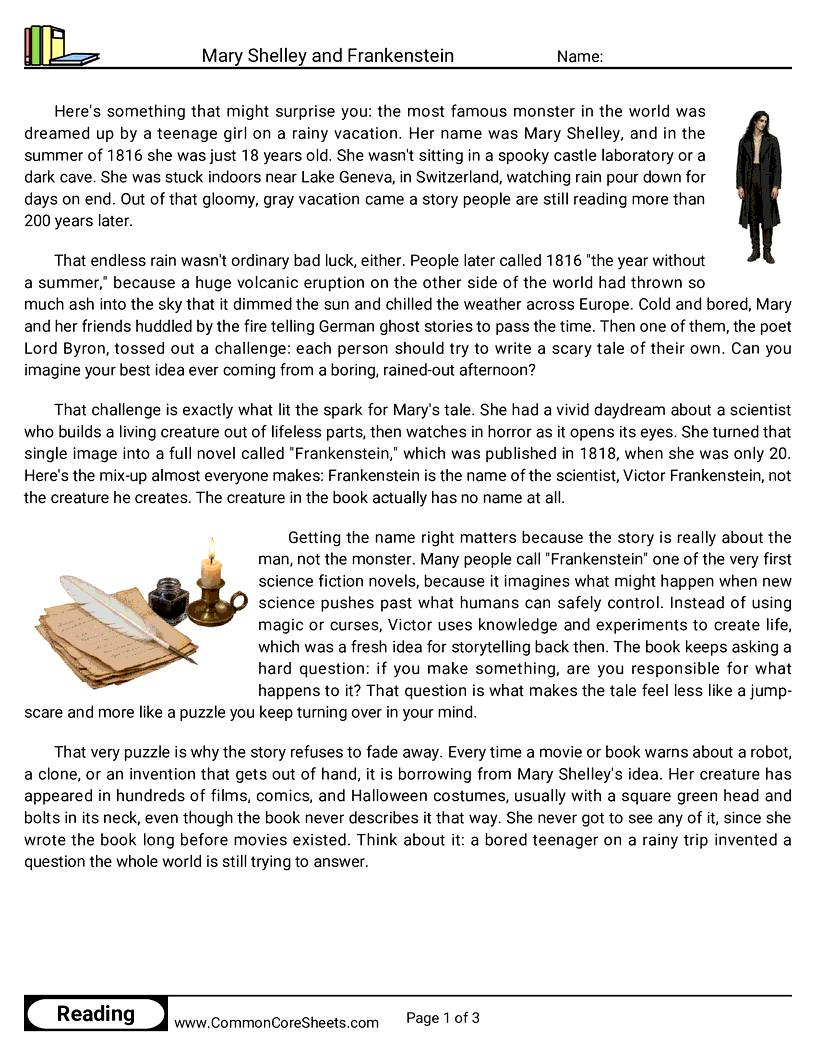 6th Grade 31 Days of Halloween Reading - Mary Shelley and Frankenstein worksheet