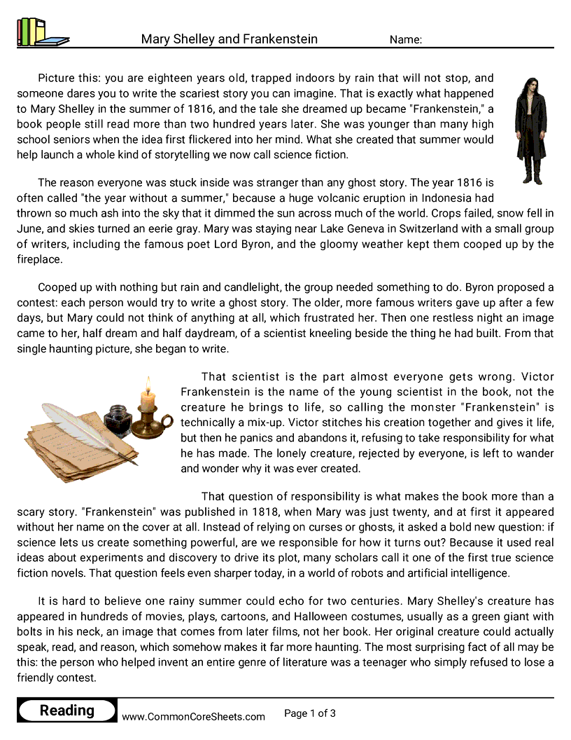 7th Grade 31 Days of Halloween Reading - Mary Shelley and Frankenstein worksheet
