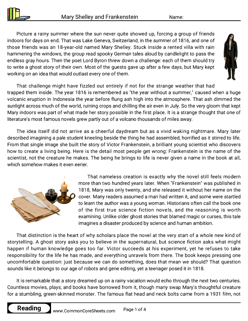 8th Grade 31 Days of Halloween Reading - Mary Shelley and Frankenstein worksheet