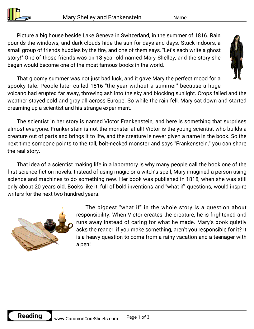 31 Days of Halloween Reading - Mary Shelley and Frankenstein worksheet