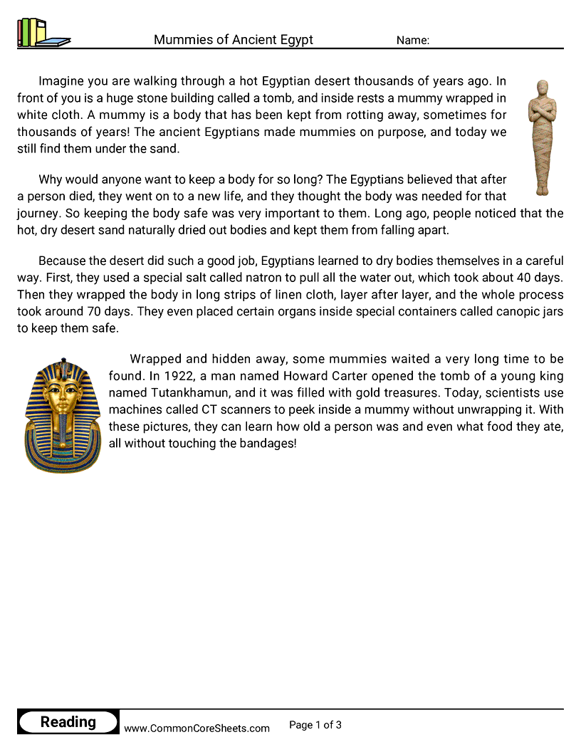 3rd Grade 31 Days of Halloween Reading - Mummies of Ancient Egypt worksheet