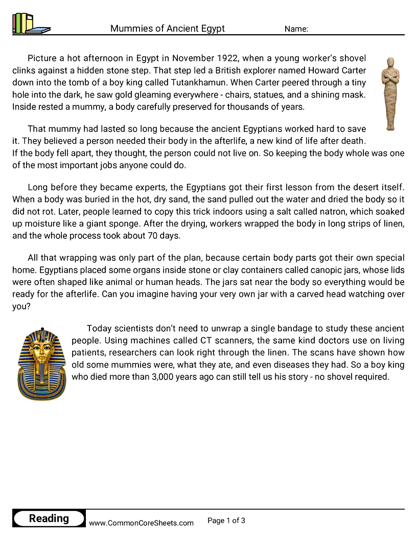 4th Grade 31 Days of Halloween Reading - Mummies of Ancient Egypt worksheet