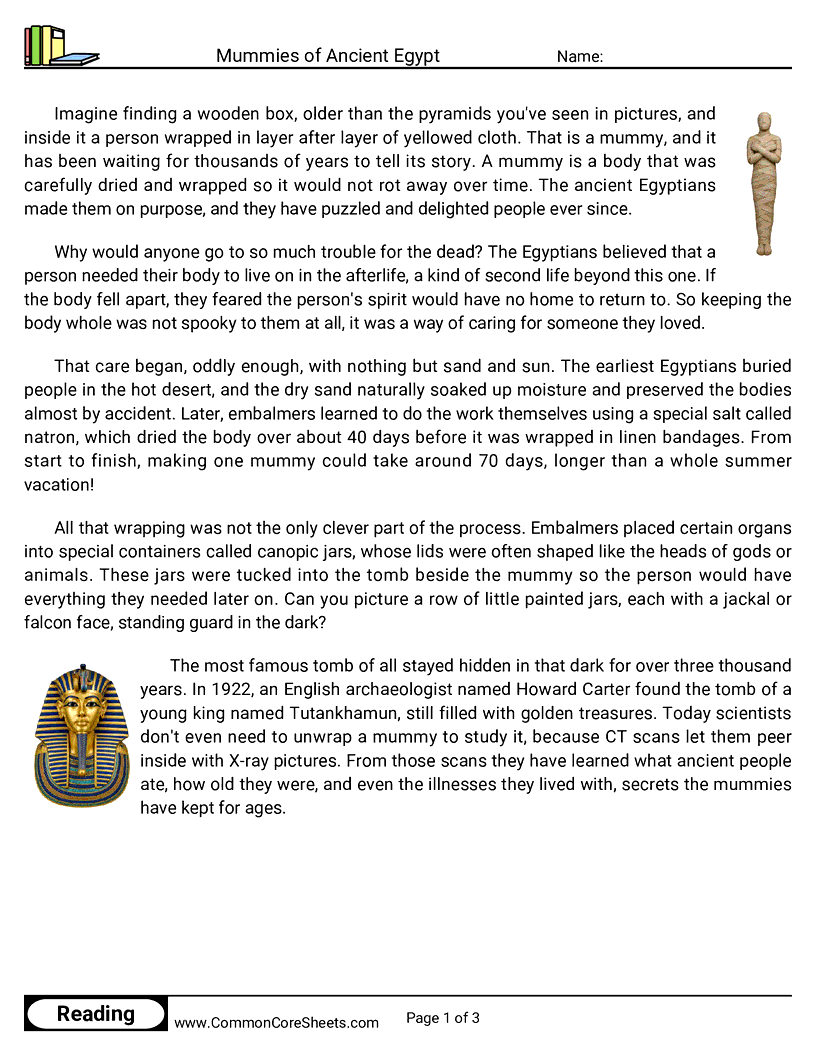 5th Grade 31 Days of Halloween Reading - Mummies of Ancient Egypt worksheet