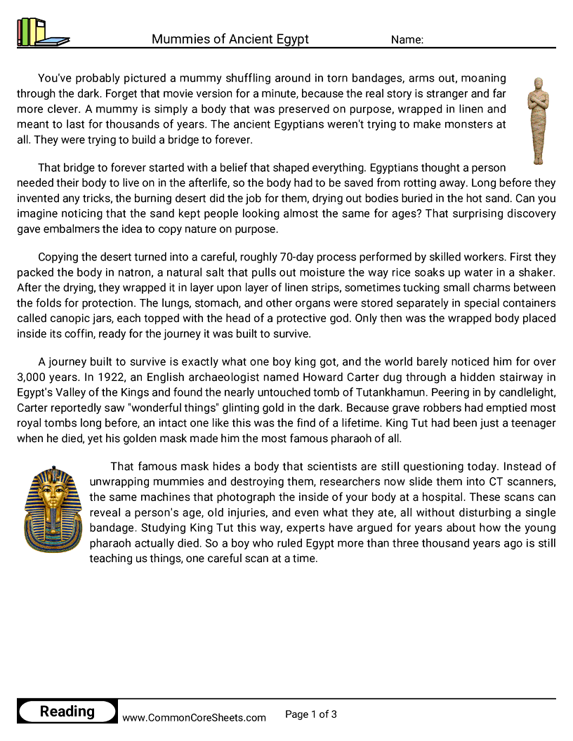 6th Grade 31 Days of Halloween Reading - Mummies of Ancient Egypt worksheet