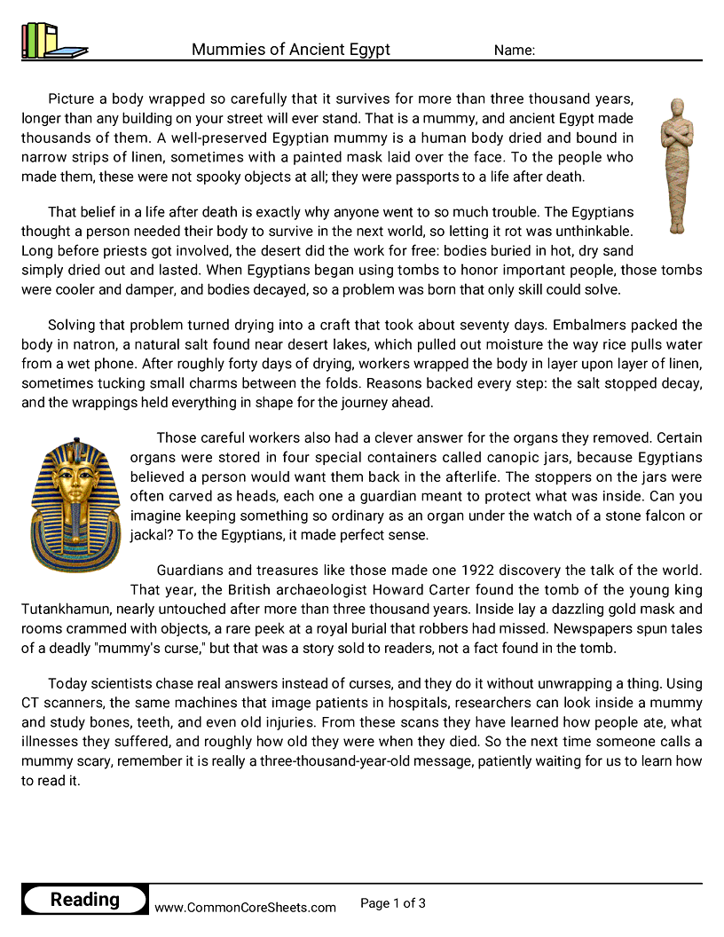 7th Grade 31 Days of Halloween Reading - Mummies of Ancient Egypt worksheet