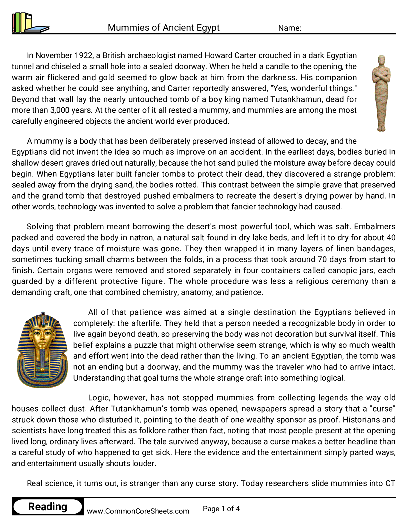 8th Grade 31 Days of Halloween Reading - Mummies of Ancient Egypt worksheet