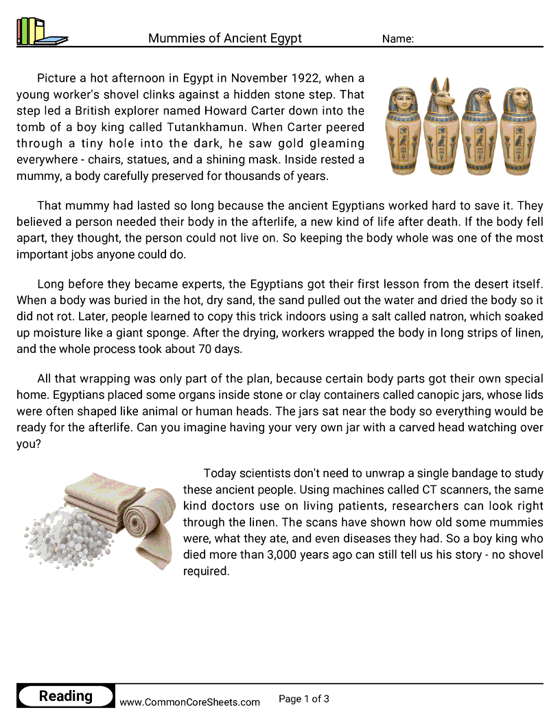 31 Days of Halloween Reading - Mummies of Ancient Egypt worksheet