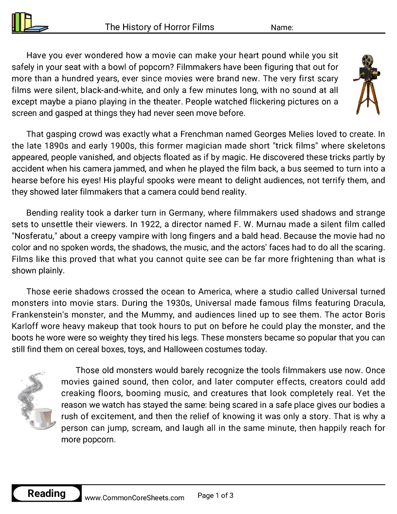 The History of Horror Films worksheet