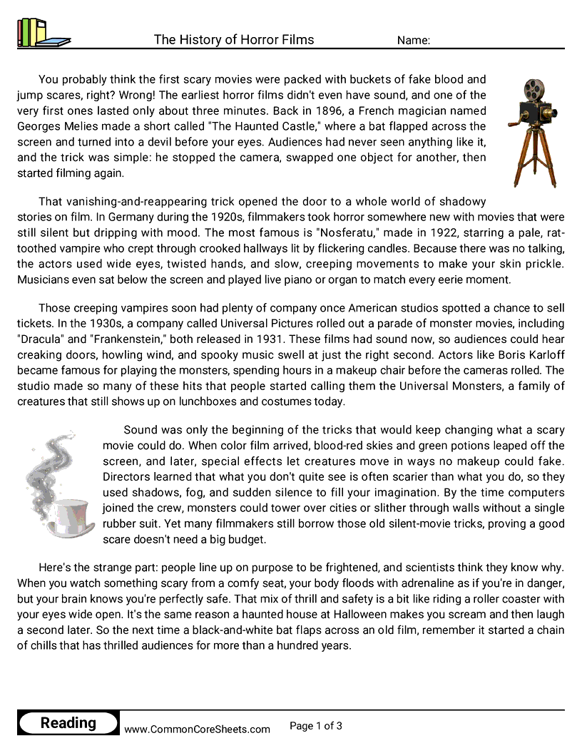 The History of Horror Films worksheet