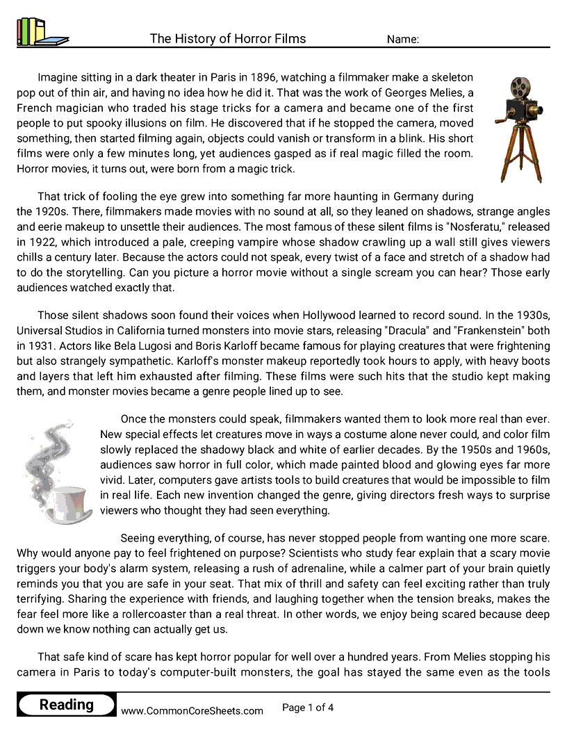 The History of Horror Films worksheet