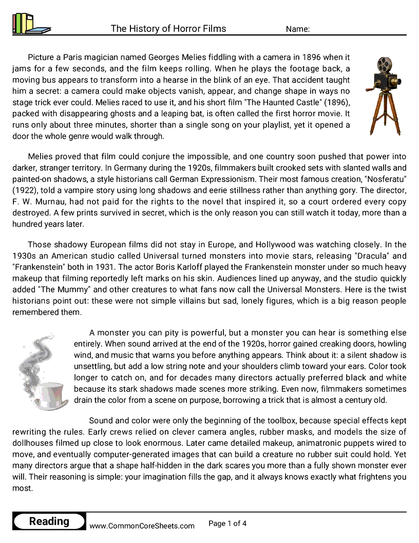 The History of Horror Films worksheet