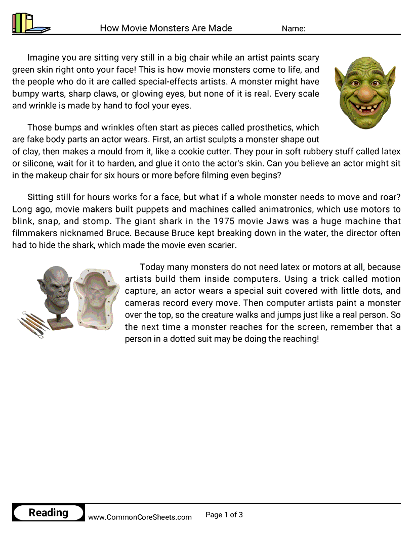 3rd Grade 31 Days of Halloween Reading - How Movie Monsters Are Made worksheet