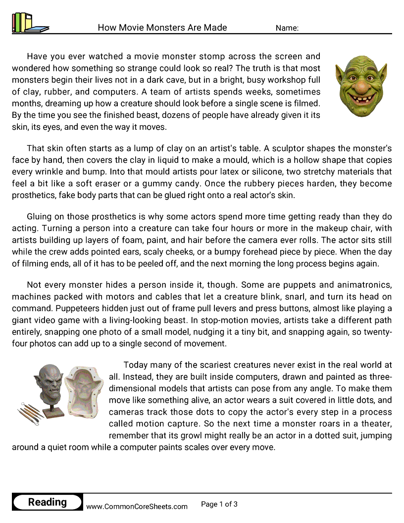 5th Grade 31 Days of Halloween Reading - How Movie Monsters Are Made worksheet