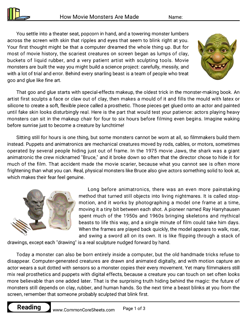 6th Grade 31 Days of Halloween Reading - How Movie Monsters Are Made worksheet