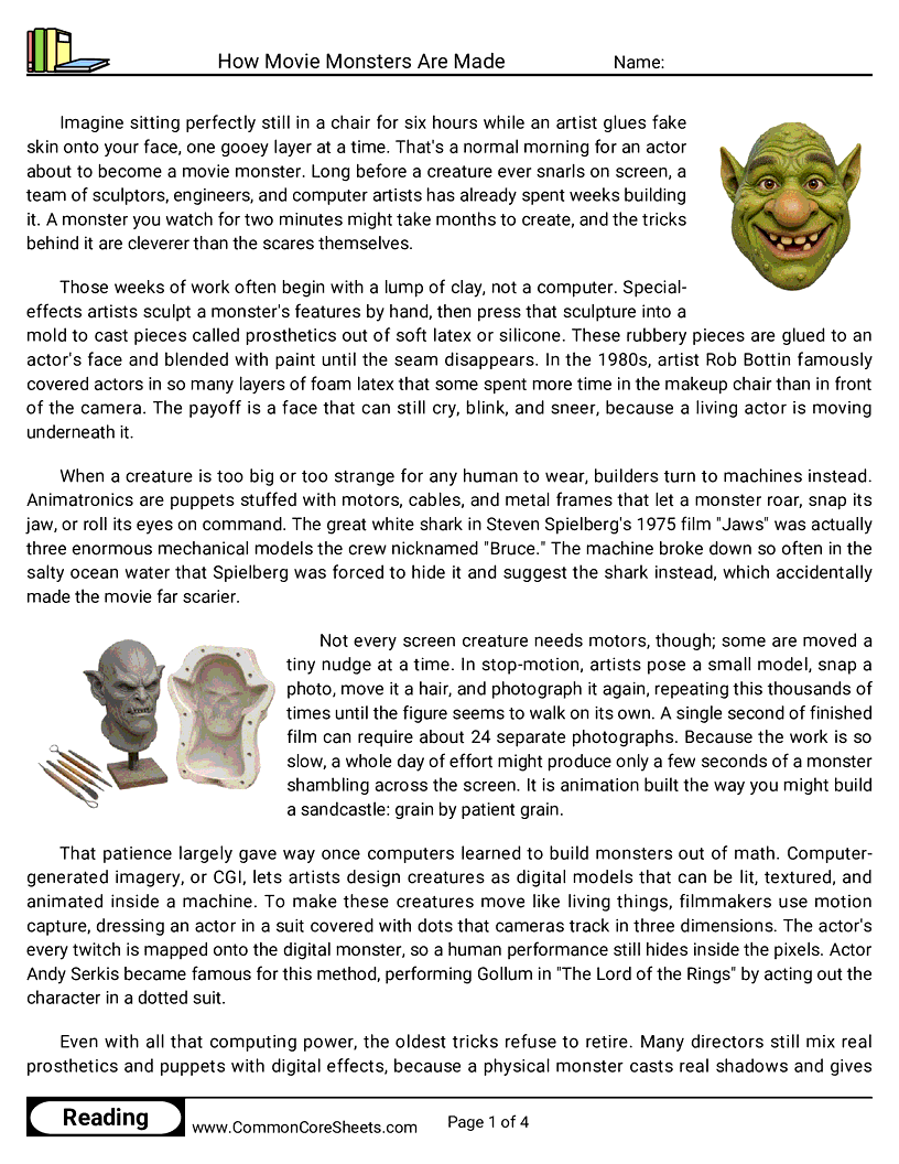 7th Grade 31 Days of Halloween Reading - How Movie Monsters Are Made worksheet