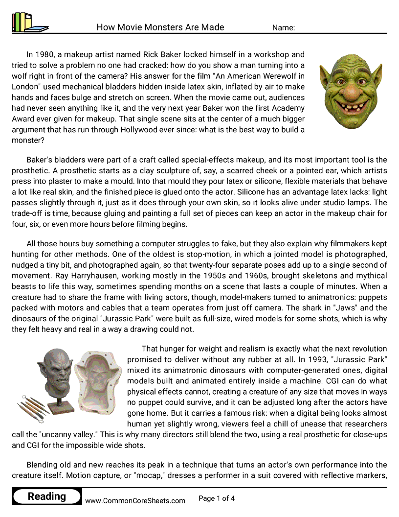 8th Grade 31 Days of Halloween Reading - How Movie Monsters Are Made worksheet