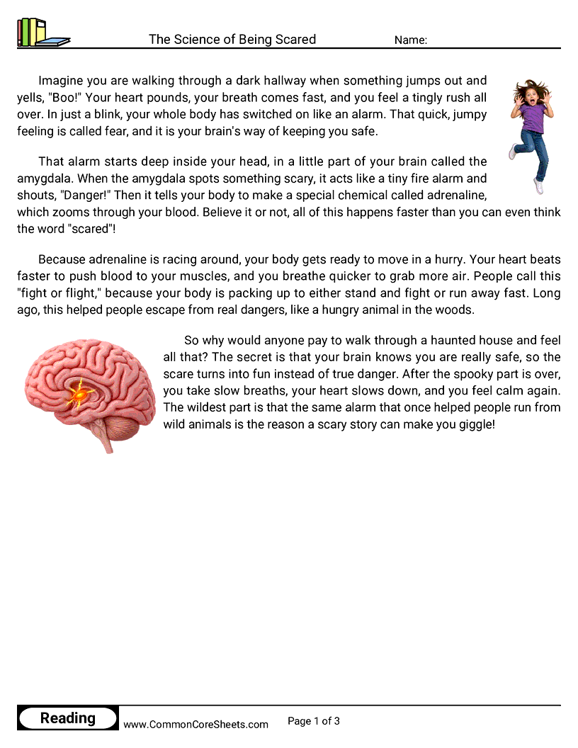 3rd Grade 31 Days of Halloween Reading - The Science of Being Scared worksheet