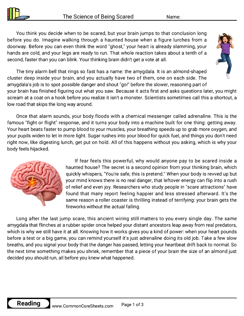 6th Grade 31 Days of Halloween Reading - The Science of Being Scared worksheet