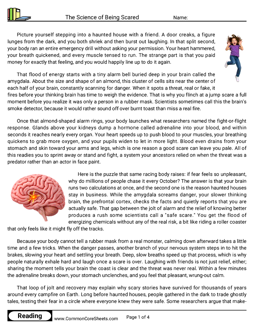 8th Grade 31 Days of Halloween Reading - The Science of Being Scared worksheet