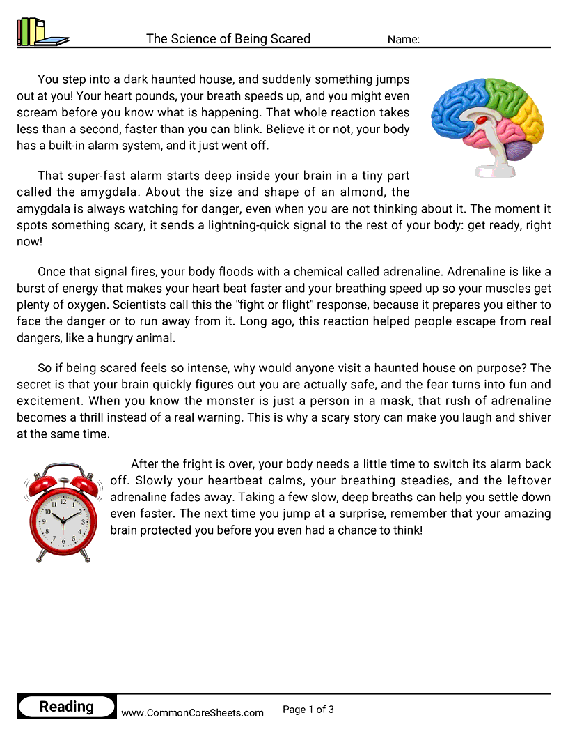31 Days of Halloween Reading - The Science of Being Scared worksheet