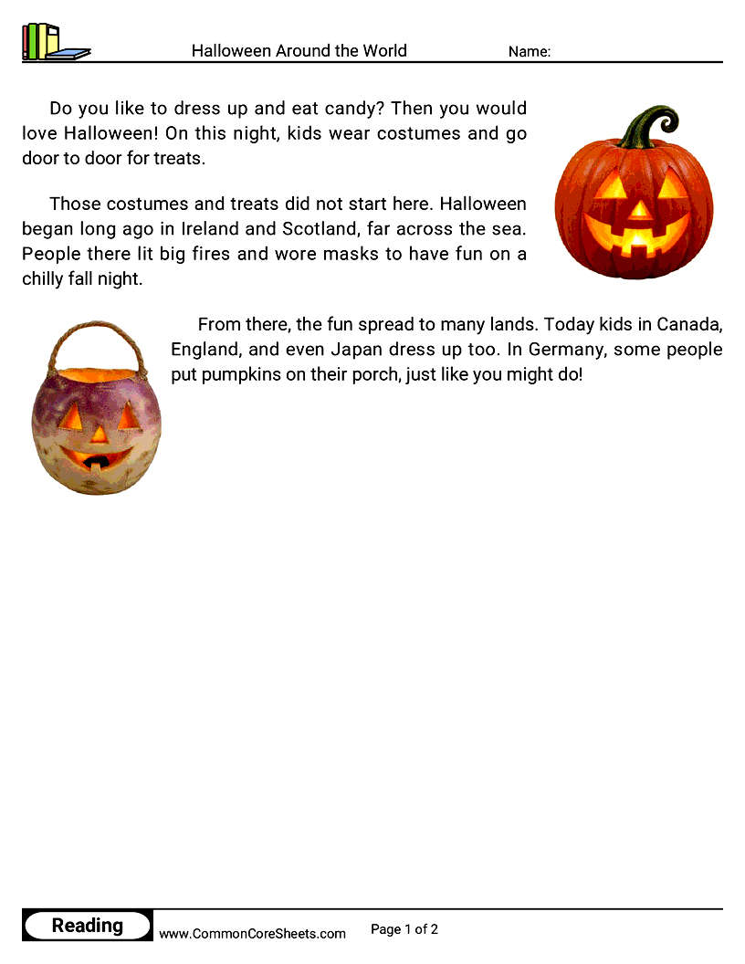 1st Grade 31 Days of Halloween Reading - Halloween Around the World worksheet