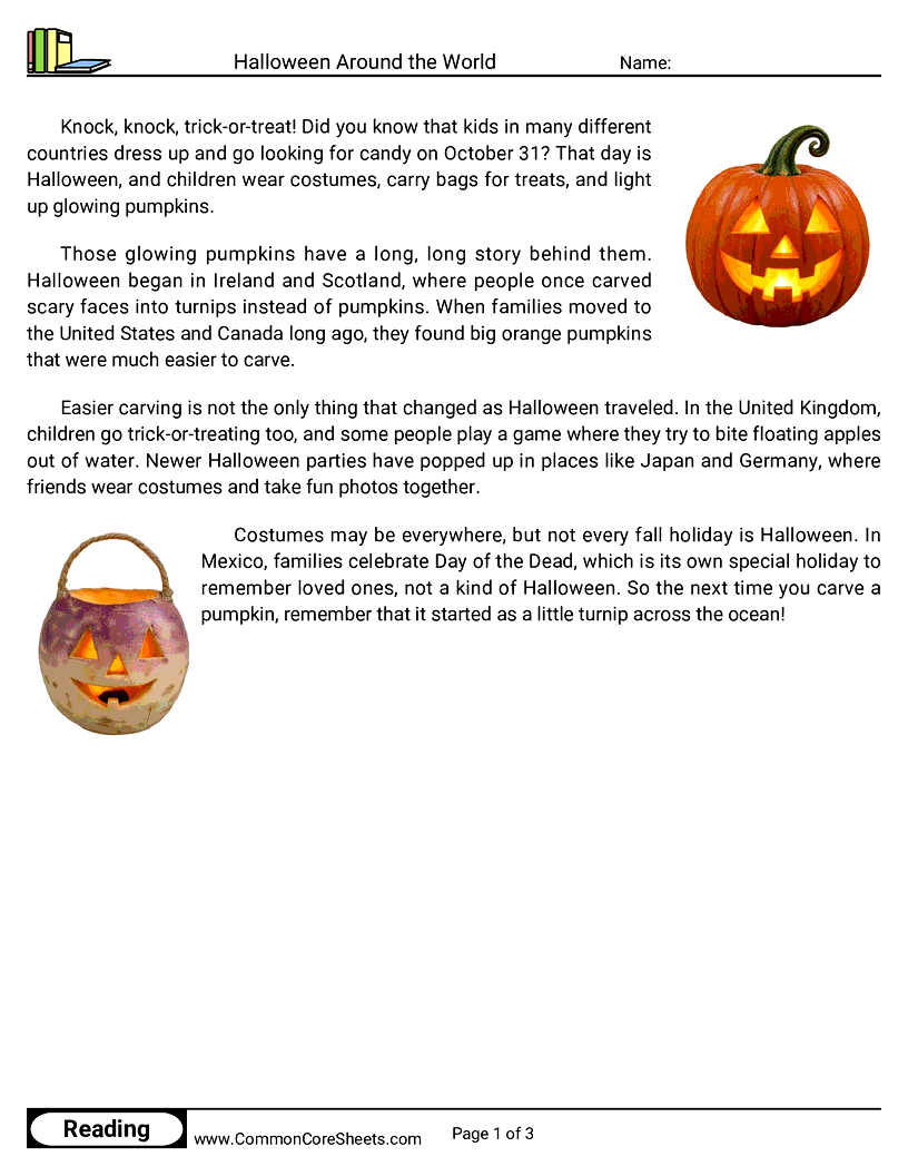 2nd Grade 31 Days of Halloween Reading - Halloween Around the World worksheet